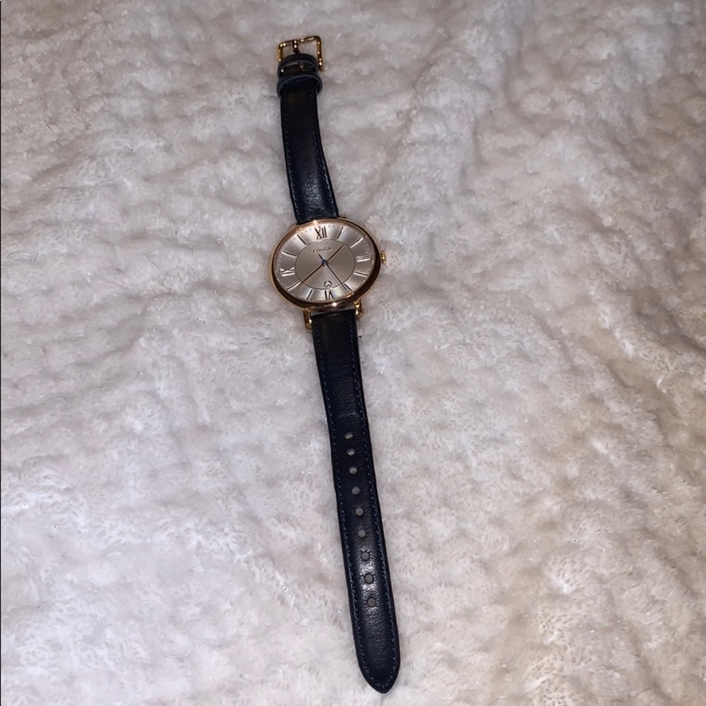Rose Gold Fossil Watch with Navy Leather Band